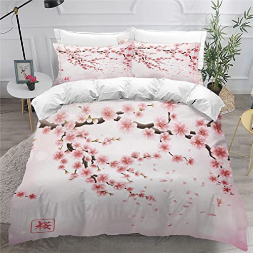 RLYXGS Housse De Couette 140x200cm Enfant Ado Fleurs De Cerisier Parure de lit 3D Japon Ensemble de Literie 1 Personnes avec Fermeture Éclair Et 2 Taies D'Oreill 3 pièces pour Garçon Fille Adulte
