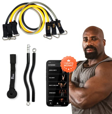 PAKAMA - Premium Widerstandsbänder (inkl. App) mit Stange oder Griffe für Home Workout & Krafttraining Zuhause - Extrem Resistance Bands 4,5kg - 24kg - Fitness-Bänder für bis zu 220kg Widerstand