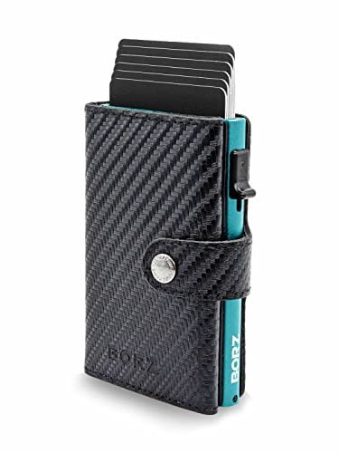 BORZ Prime Kartenetui mit Münzfach AirTag I RFID Schutz Slim Wallet Mini Portemonnaie für Herren & Damen Geldbörse Geldbeutel Scheine aus echtem Leder MAXUS Magnetic 1, Carbon Leather - Sky Blue Case