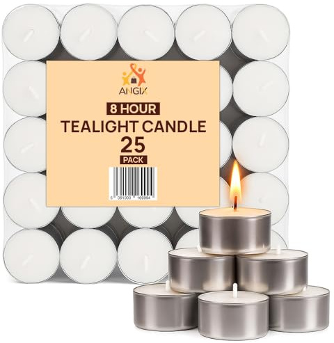 ANGIX 25 Pack 8-Hour Unscented Tea Light Candles, Long-Lasting & Reliable Tea Lights - White 8hr Candle Tealights for Everyday Use, Weddings, Christmas Gifts, Parties, Spa, Home Decor & Events