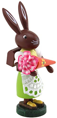 Thomas Preißler | Osterhasenfigur Osterhase Osterhäsin Hase | Höhe 10 cm | erzgebirgische Volkskunst | Osterfigur Osterdeko aus Holz | Häsin mit Zuckertüte