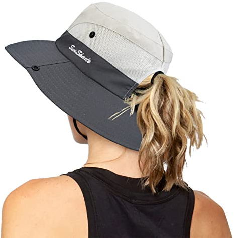 Women's UV Protection Foldable Beach Fishing Hat Wide Brim Mesh Fishing Hat with Ponytail Hole