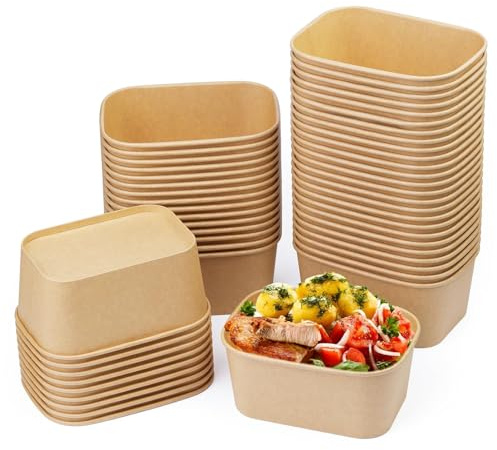 Fniiva Lot de 50 bols jetables en papier de 940 ml avec couvercles, bols jetables rectangulaires avec couvercles pour salade diététique, crème glacée, yaourt, nourriture de fête