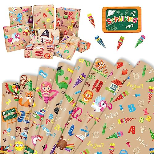 HOWAF 8 Bögen Geschenkpapier Schulanfang, Geschenkpapier Einschulung Hurra Schulkind Geschenktüte Geschenkverpackung Einschulung Deko für Schulanfang Geschenk Verpackung Dekoration, Kraftpapier