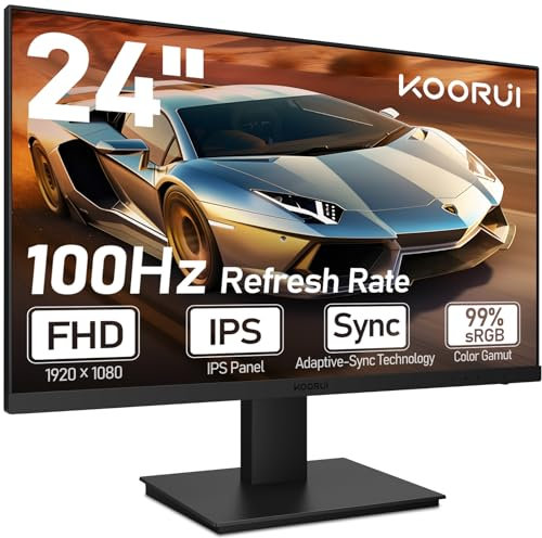 KOORUI 24 Zoll Monitor mit Lautsprecher, Rahmenlos Bildschirm, IPS PC Monitor, FHD 1080P, HDMI 1.4 (100Hz) & VGA(60Hz), VESA 75 x 75 mm,Adaptive Sync, Eye Care
