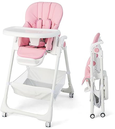 COSTWAY Folding Baby High Chair, Adjustable Toddlers Highchair with Storage Basket, Removable Double Trays, 5 Point Harness, 4 Lockable Wheels, Infant Feeding Chair Suitable from 6-36 Months (Pink)