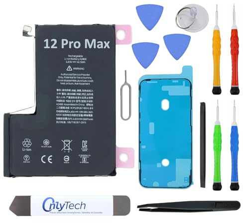 OnlyTech Batterie Premium de Remplacement pour iPhone 12 Pro Max - 3687mAh, Identique à l'Original, Kit 12 Outils Professionnels et adhésif écran Inclus