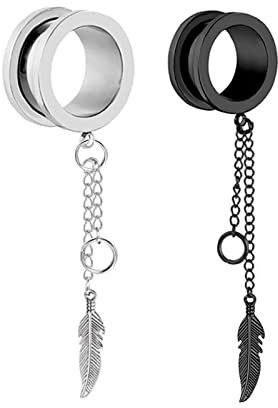 Lieson Ohr Tunnel Flesh, 2 Stück Tunnel Edelstahl Hohl Rund mit Lange Quaste Kette und Feder Anhänger 22mm Flesh Tunnel Silber Schwarz