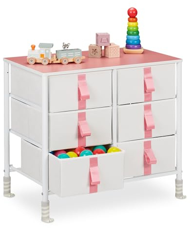 Relaxdays Kommode, Kinder, 6 Stoffschubladen, HxBxT: 61,5 x 68 x 40,5 cm, Schubladenschrank mit Metallgestell, weiß/rosa
