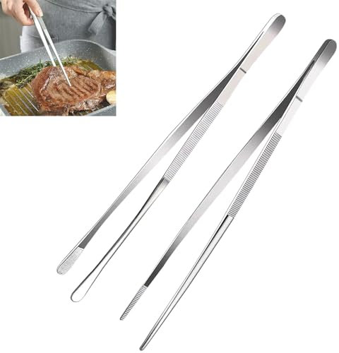 2 Stück Kochpinzette Edelstahl, 30 cm Grillzangen, Professionelle Kochpinzette, Fleischzange, Lebensmittel Pinzette Spitz und Rund, Küchenpinzette für Kochen, Reparieren, Meeresfrüchte, Grillenr