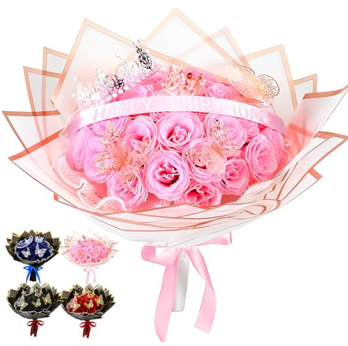 Thiccywoov Glitter Roses Bouquet Gifts Artificial Rose DIY Flower Bouquet Kit Birthday Gifts Flower Wrapping Paper 3D Butterflies Crowns for Mother Anniversary Graduation(Pink,36 Pcs)