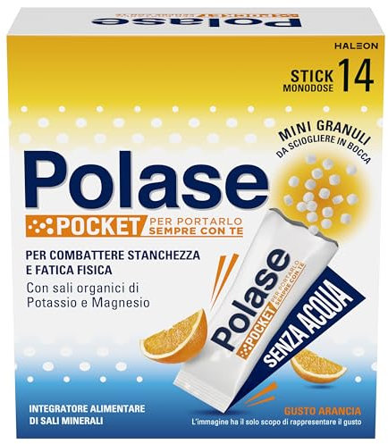 Polase Pocket, Integratore Alimentare di Magnesio e Potassio Contro Stanchezza e Fatica, Caldo, Gusto Arancia, 14 Stick orosolubili