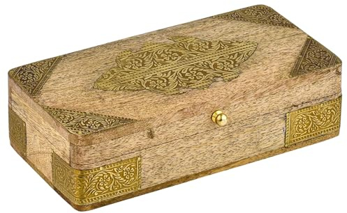 Marrakesch Aufbewahrungsbox mit Deckel aus Holz Hayah 20cm groß | Boho Deko Schmuckkästchen zur Schmuckaufbewahrung | Massive Holzbox mit Messingintarsien Ideal als Geschenkbox Geschenke für Frauen