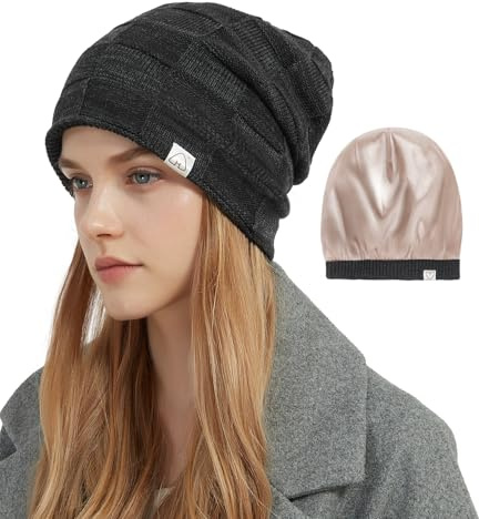 Hat Hut Damen Beanie Satin Gefütterte Wintermütze Strickmütze für Haar, Warme Satin Lined Beanie Mütze Slouchy Beanie Ski Hat Unisex (DE/NL/SE/PL, Alphanumerisch, Einheitsgröße, Schwarz)