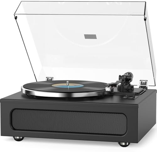 WOCKODER Vinyl Record Player All-in-1 LP Turntable Built-in Four Speakers HiFi Belt Drive System with Phono Preamp ATN-3600L MM Cartridge BT Wireless Aux-in RCA Line Out Auto Off Black Classic Edition