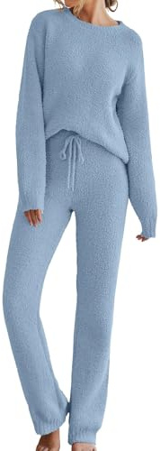 Damen flauschiges Fleece, langärmelig, Loungewear, Outfit, Pullover, Hose, Pyjama-Set, Hose, Anzüge für Damen, groß, blau, M