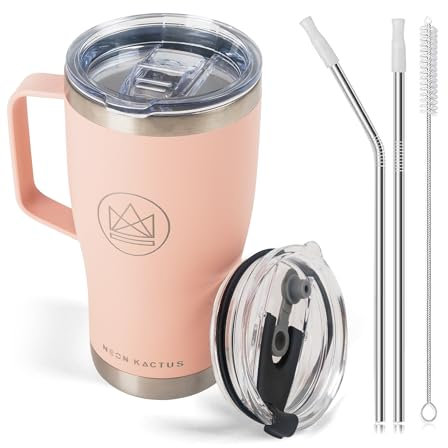 Neon Kactus 600ml/20oz Insulated Travel Mug with Handle, 2 x Stainless Steel Straws & 2 x Spillproof Lids, Vacuum Double Wall Stainless Steel Tumbler for Hot & Cold Drinks - Pink Flamingo