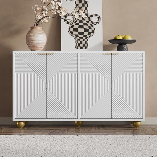 ANIROY Sideboard mit Vier geformten Türen, verstellbaren Innenböden, Metallgriffen und kugelförmigen Beinen, Sideboard für Wohnzimmer Esszimmer (Weiß)