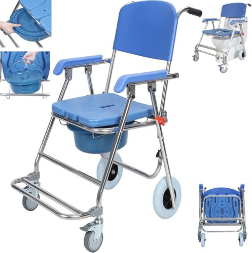 yoakaiax Silla de ruedas para ducha con 4 ruedas bloqueables, 3 en 1 plegable con ruedas, silla para inodoro con respaldo, para personas mayores y discapacitados, color azul