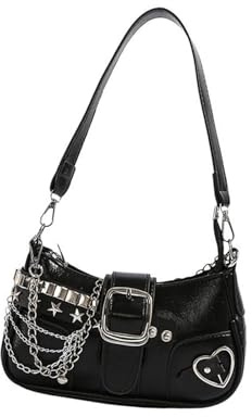 YUGSHNKFC Damen Punk Unterarm Handtasche mit Metallkette, Grunge Stern Nieten, einzelne Umhängetasche, kleine Achsel Geldbörse für den Alltag, PU Leder Umhängetasche