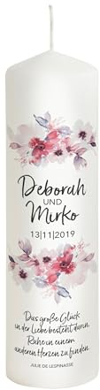 Liamoria® Hochzeitskerze Blumen mit Namen, Datum und Spruch - Modell Deborah - Personalisiertes Hochzeitsgeschenk (25 x 8 cm)