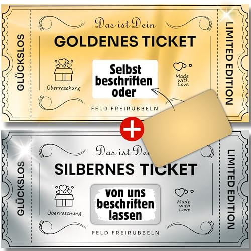 Gutscheine zum selber ausfüllen mit Rubbelaufkleber - Rubbelkarte zum beschriften -, Geburtstagskarte, Geburtstagsgeschenk, Reisegutschein, Goldenes Ticket, Silbernes Ticket, Personalisierbar