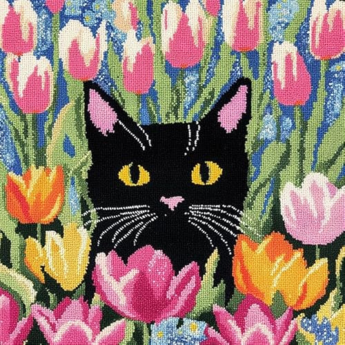 WallustrioaW DIY Knüpfen Set Erwachsene Eine schwarze Katze in den Tulpen,Knüpfkissen Set Zum Sticken Und Stricken,Geschenk Für Erwachsene/Anfänger,43x43cm