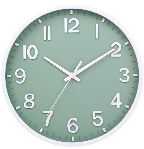 Wall Clock 10 Inch Silent Quartz Non Ticking Modern Design Quality Clock | Decorative Interior Living Room Kitchen Bedroom Office(green white)