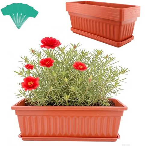 ZOENHOU 6 Pack 43cm Flower Window Box, Red 17 Inch Rectangular Plastic Window Box Planter with Trays and 30 Green Labels for Windowsill, Patio, Garden, Home Décor, Porch