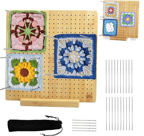 Hisdricus Blocco di Blocco per Granny Square - Tavola di Blocco per Uncinetto 28 x 28 cm - Bambù Tavola per Granny con 20 Perni, 5 Aghi Inox e 1 Supporto - Accessori per Progetti di Maglia e Uncinetto