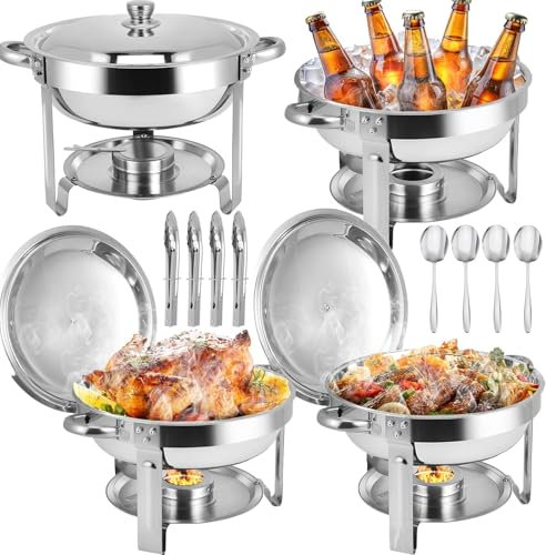 Chafing Dish Buffet Set 4 Pack 6L Round Chafing Dishe for Buffet Food Warmer for Catering Buffet Lid & Lid Holder,Stainless Steel Chafer Buffet Trays for Parties, Christmas, Events, Wedding, Dinner