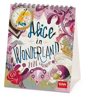 Legami - Tischkalender 2026, Alice in wonderland, 12 Monate und Jahresplaner, in 6 Sprachen, Tierkreiszeichen, Internationale Feiertage, 12 x 14,5 cm