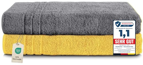 Komfortec 2er Saunahandtuch Set XXL 80x200 cm, 100% Baumwolle | Große Saunatücher aus 100% Baumwolle, XXL Set, Saugstark, Flauschig und Schnelltrocknend, Anthrazit Grau/Gelb
