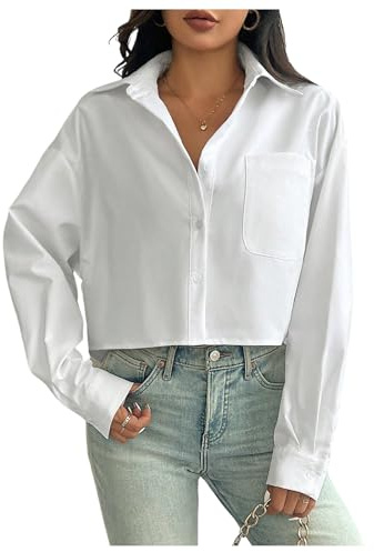 GORGLITTER Women's Long Sleeve Button Down Cropped Blouses Loose Collared Neck Work Office Shirts with Pocket White Small