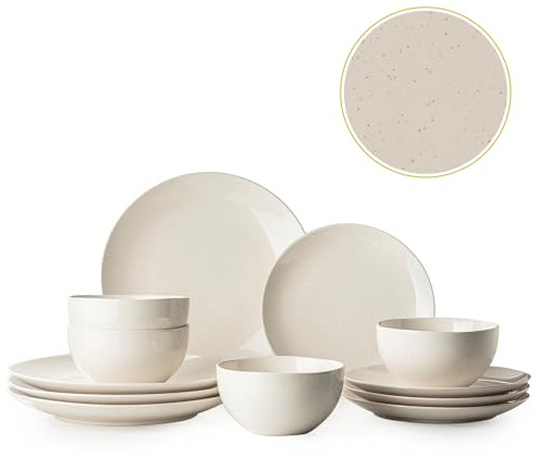 Dafuceramic Plates and Bowls Sets, 12 Pieces Modern Stoneware Dinnerware Set for 4 Kitchen Dinner Set Ceramic Dishware Dishes Set Microwave and Dishwasher Safe (White)