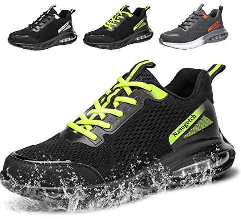 Zapatos de Seguridad Hombre Mujer Impermeable Ligeras Zapatillas de Trabajo con Punta de Acero Comodo Calzado de Seguridad Transpirable Antideslizante 36-65 EU Verde Negro EU 44