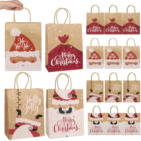 12 Stück Papiertüten Weihnachten mit Henkel Kraftpapier Weihnachtstüten Papiertragetaschen Mitgebsel Tüten Mitgebseltüten Geschenktüten für Party Geschenk (Weihnachtsmann, 21 × 11 × 27 cm)