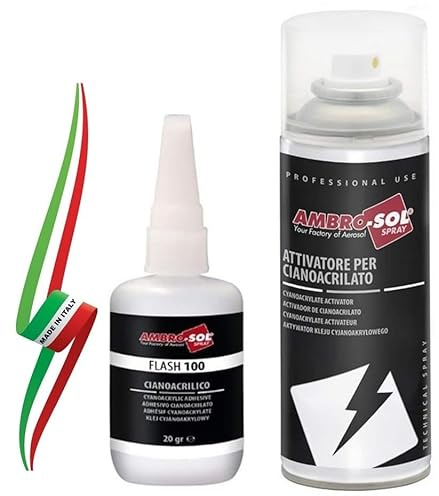 KIT COLLA ADESIVO CIANOACRILICO A PRESA RAPIDA 20gr + ATTIVATORE SPRAY PER CIANOACRILATO 200ml MADE IN ITALY