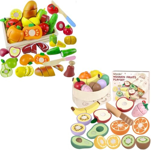 Beberolen Kinderküche Spielküche Zubehör aus Holz, Schneiden Obst Gemüse Lebensmittel Holz mit Klett-Verbindung, Holzspielzeug Küche Lernspielzeug Rollenspiele Pädagogisches Geschenk für Kinder