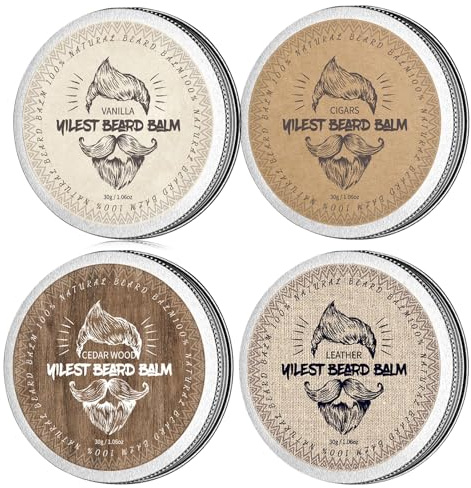 Baume à barbe au parfum de bois de santal - Cire à barbe - Style, renforce et adoucit les barbes et les moustaches - Cadeaux pour hommes (VANILLA+CUIR+CIGAR+CEDAR WOODS+)