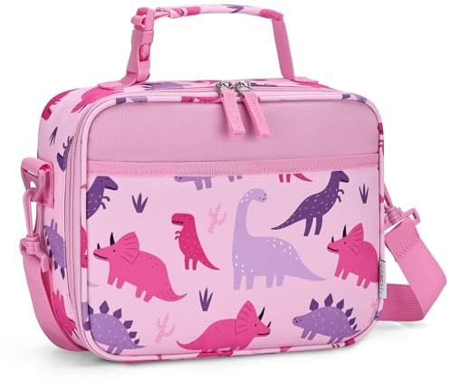 VASCHY Lunch Box Bag for Kids, Reusable Insulated Bento Box Containers Coolers for Toddler Grils with Detachable Shoulder Strap for Daycare School Pink Dinosaurs