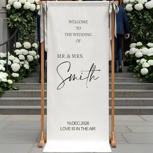 BBGDP Cartello di Benvenuto for Matrimonio in Lino Personalizzato, Striscione in Tessuto Rustico, Striscione D'ingresso Personalizzato for Cerimonia, Nomi Personalizzati(70 X 200cm)
