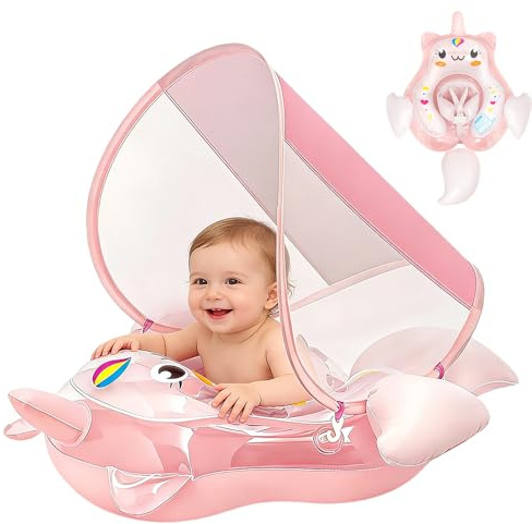 HIULLEN Simring baby med avtagbart soltak, uppblåsbar babysimkropp med säkerhetsstol, simhjälpmedel för bebisar, simdäck baby, rolig vattenleksak
