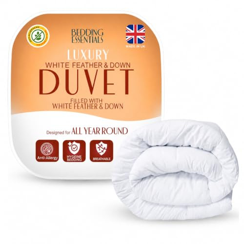 Bedding Essentials Luxury Goose Feather & Down Duvet Quilt | 100% Cotton Casing | All Season Tog Options | Soft Insulating Duvet | Hotel Style Bedding | White | UK Made | Double | 10.5 Tog