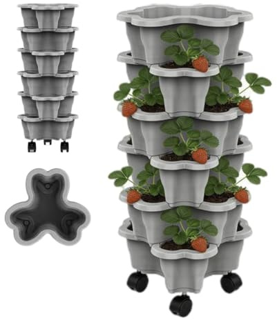 jardinière verticale à fraises empilables à 6 niveaux, jardinière verticale tour a fraise, Pot de Plantation Empilable À Plusieurs Niveaux Avec Roulettes, pour herbes, fleurs, légumes, balcon