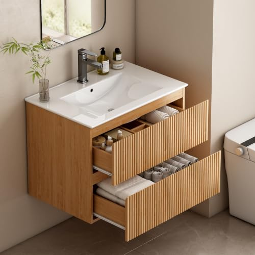 Wumagin Ensemble Meuble Salle de Bain 60 cm Complet, Meuble Suspendu avec Vasque Céramique pour Petite Salle de Bain et WC Invités, Aspect Chêne, Naturel