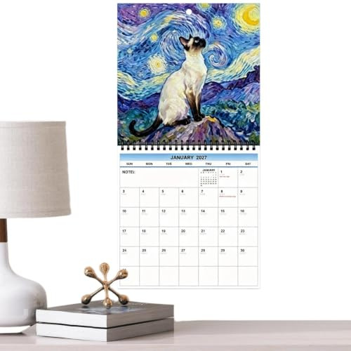 Väggalmanacka Månadsöversikt med spiralbundet format och berömda målningar | 2027 Skrikande Katt Djurkalender För Kontor Heminredning Studentrum Klassrum Mötesbokning