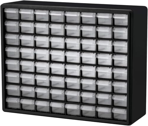 Akro-Mils 10164 Schubladenschrank mit 64 Schubladen, Kunststoff, für Garage, Perlen- und Make-up-Organizer, Lego-Aufbewahrung, Lehrer-Werkzeugkasten und mehr, 50,8 x 15,2 x 40,6 cm (B x T x H) Schwarz | Kunststoffschrank mit Schubladen für Garagenorganisation, Perlen, Bausteine, Lehrer-Werkzeugkasten, Make-up-Organizer, 10164