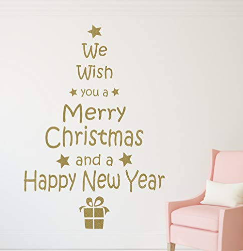 timalo® Wandtattoo Tannenbaum – Text Frohe Weihnachten Merry Christmas Happy New Year – Fensterbild | 70032-gold-58x100