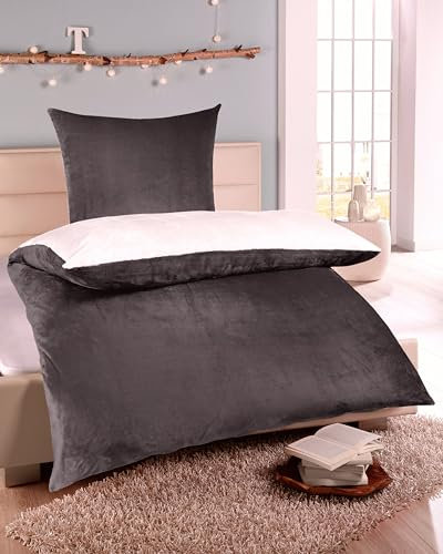 MB Warenhandel24 Bettwäsche 135x200 + 80x80 cm Winter Microfaser Flausch Fleece Thermofleece warm Cashmere Touch Teddy Coral Fleece 2 TLG teilig (Uni Wende Anthrazit/Creme, ca. 135x200 + 80x80 cm)
